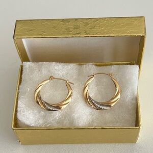 14K Solid Gold Twisted Hoop Earrings Two Tone Diamond Cut Estate Vintage Hoops